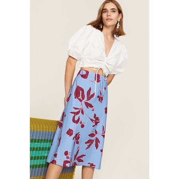 Thakoon Floral Midi Skirt Blue Red Midi Side‎ Slit A-line Elastic Waist Sz 0 - Picture 1 of 14